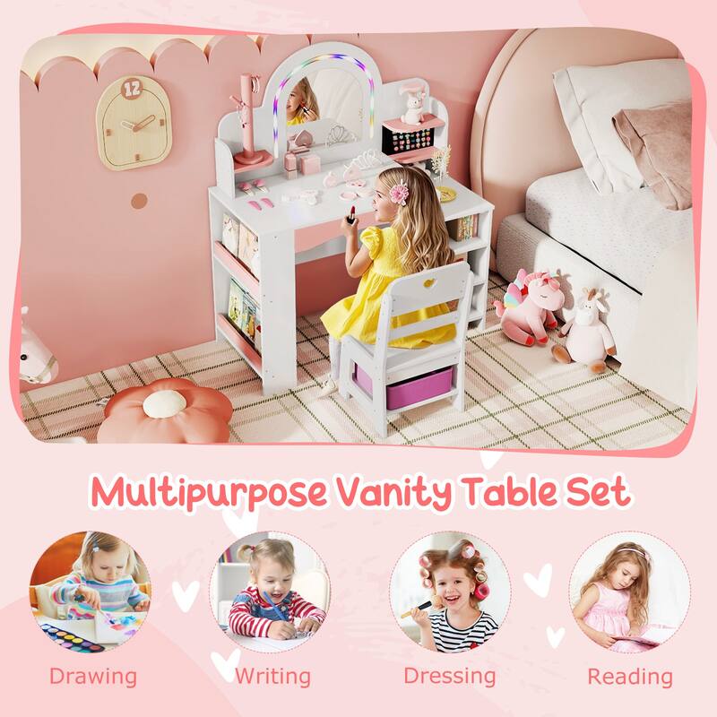 Gymax Kids Vanity Desk w/Mirror & Lights Princess Pretend Play Makeup
