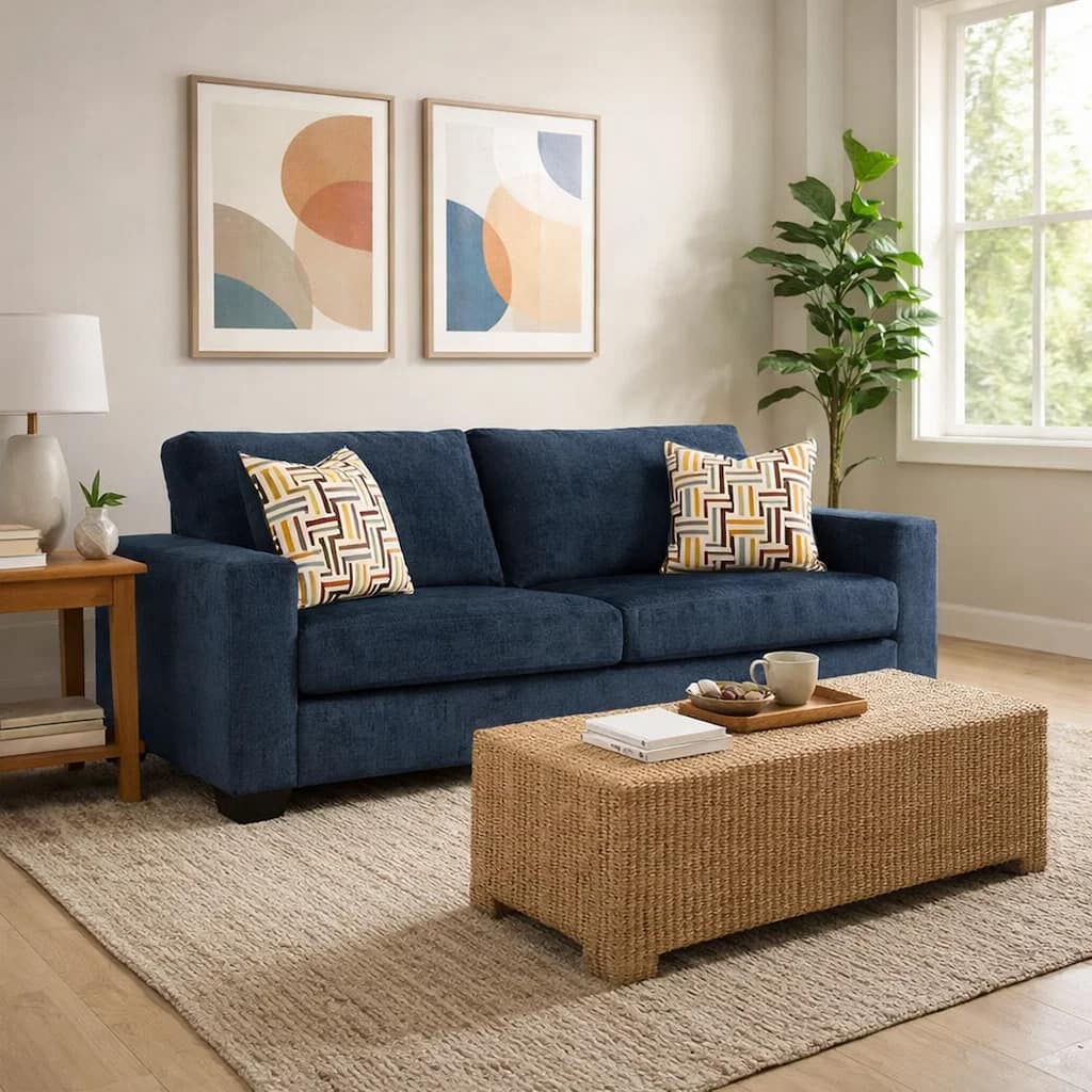 Avie Sofa, 2 Accent Pillows, 85 Inch, Black, Soft Navy Blue Polyester