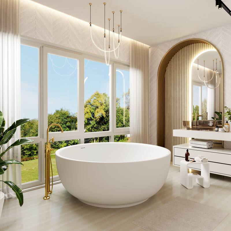 59 in. Freestanding Solid Surface Square Soaking Bathtub in Matte White, Modern Design with Center Drain