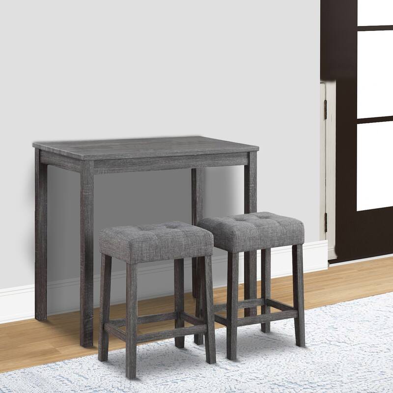 Cora 3 Piece Counter Height Table Set, Deep Tufted Stools, Smooth Gray