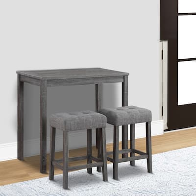 Cora 3 Piece Counter Height Table Set, Deep Tufted Stools, Smooth Gray