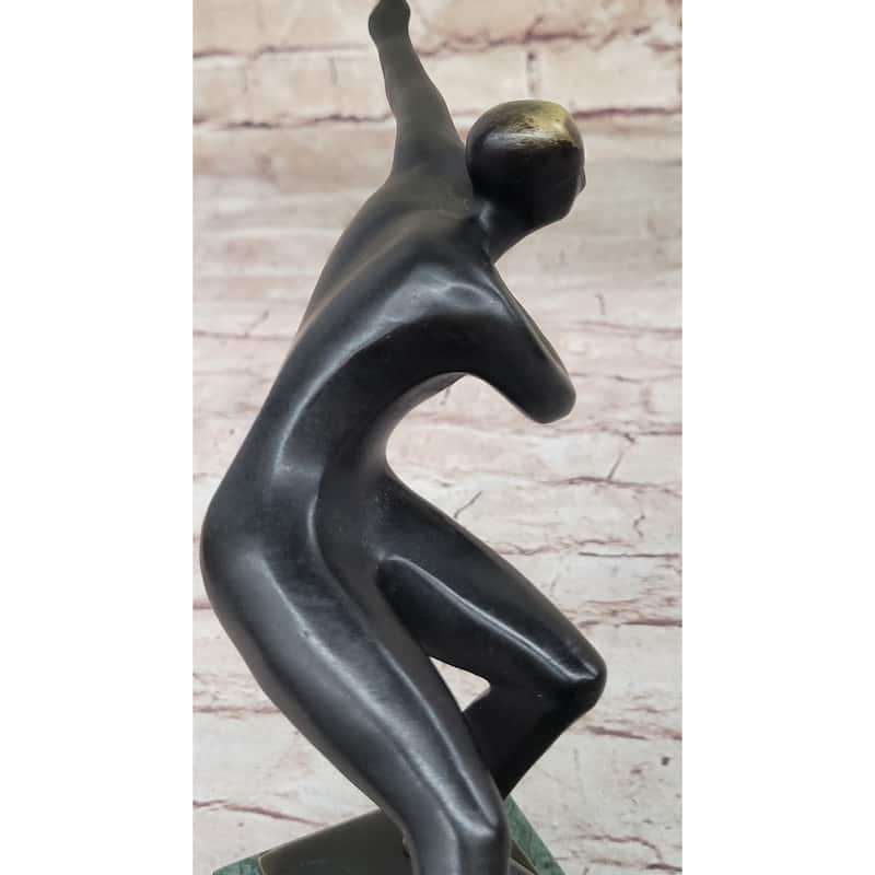 Abstract Modern Art Ice Skater Bronze Sculpture Green Marble Base Figurine Figure