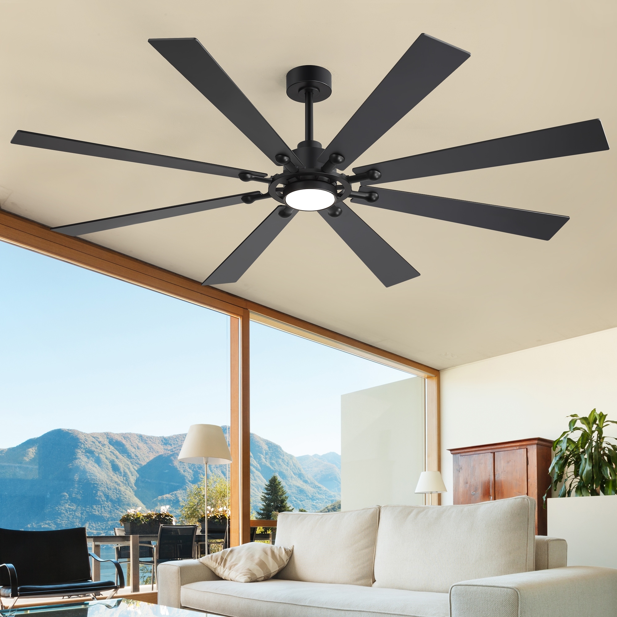 72in Ceiling Fan with Light, 3CCT LED, 8-Blade DC Motor, Remote Control, 6 Speeds, Reversible, Black, Indoor Use - 72 Inches