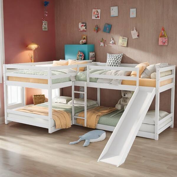 slide 2 of 18, 4 Beds in 1 Full and Twin Size Bunk Bed, Pine Wood L-Shaped Kids Loft Bed Frame with Slide and Short Ladder, White White