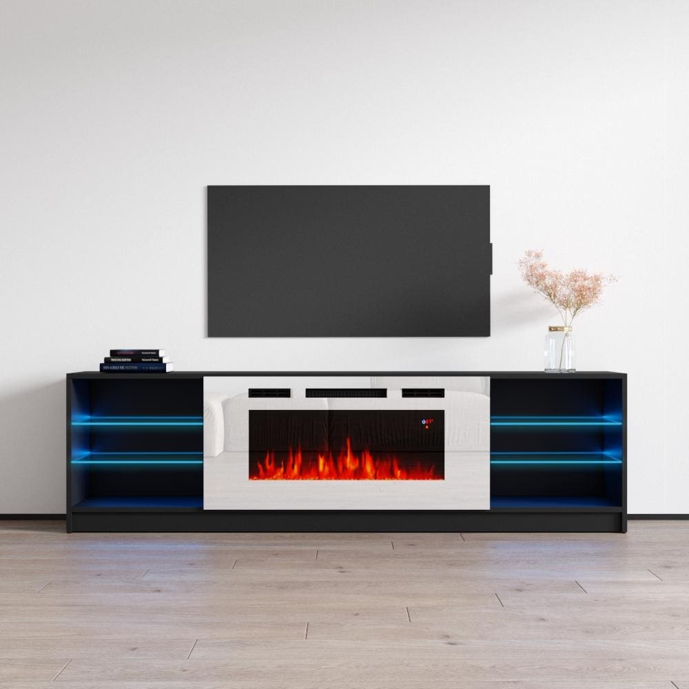 Meble Furniture Boston 79" Electric Fireplace TV Stand with 40" Fireplace Insert and LED Shelf Lighting