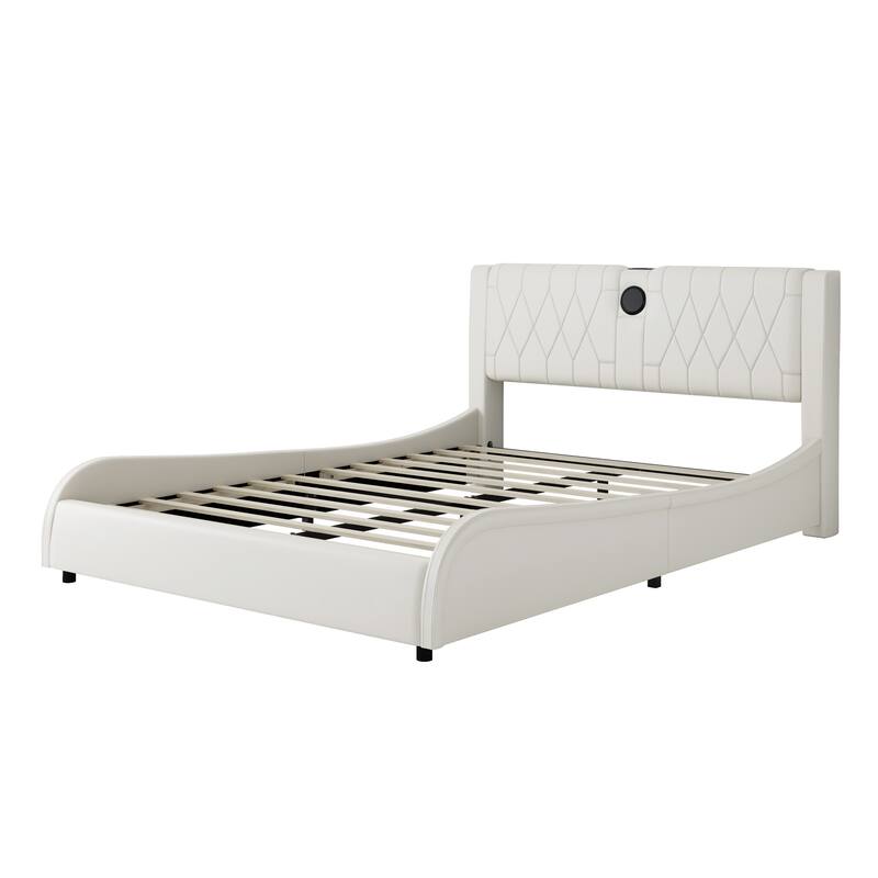 Leather Upholstered Platform Bed Curved Wingback Bed with Thickened Headboard, Bluetooth Speakers and RGB LED Light