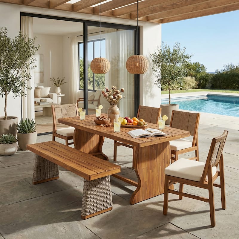 Christopher Knight Home - Itsuko 6-Piece Outdoor Acacia Wood Dining Set with Woven Wicker Back Chairs, Bench & Slat Dining Table - Cream+Block Wicker+Teak Finish