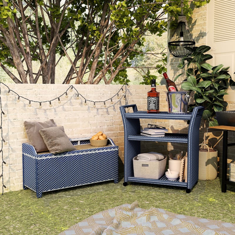 Courtnie Beach Navy Wicker 2-piece Storage Bench and Serving Cart Set by Furniture of America