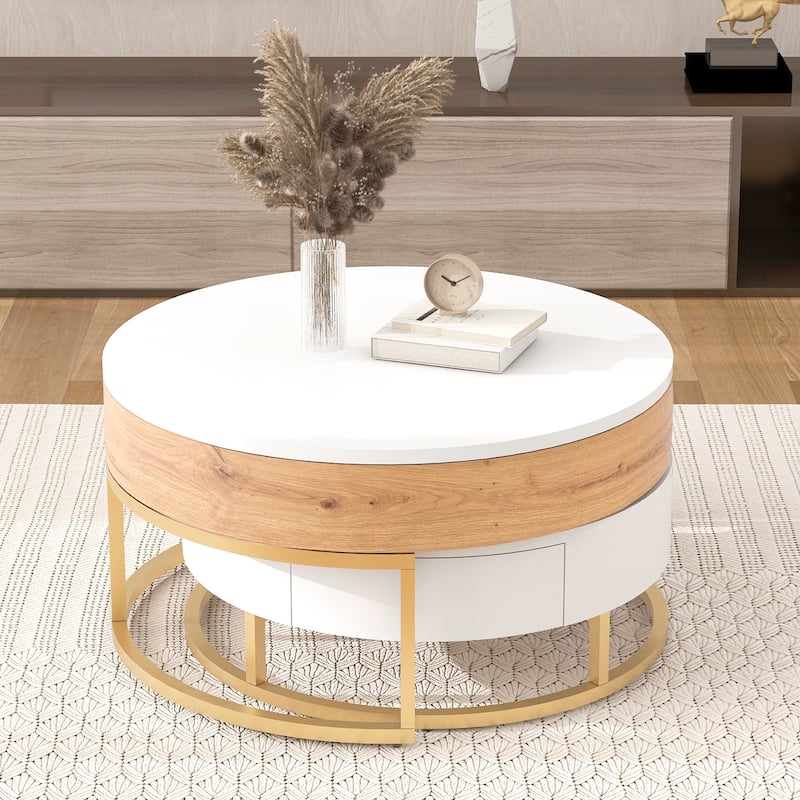 Round Lift-top Nesting Coffee Table w/ 2 Drawer & Metal Frame, Modern Nesting Table Set of 2, Luxury Accent Side Table End Table