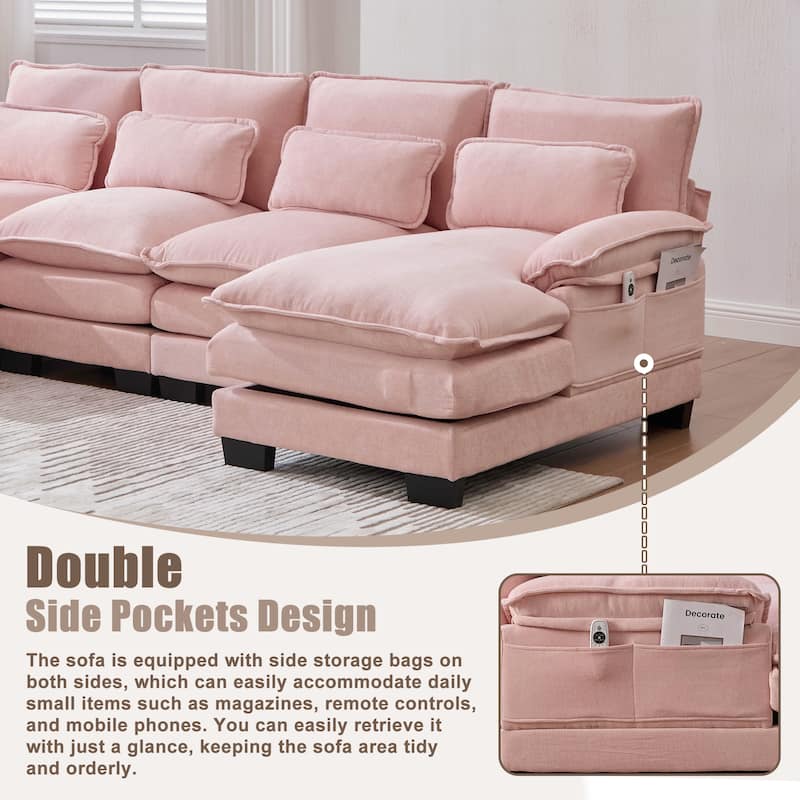 HOMEFUN Chenille Upholstered U-Shaped Modular Wood Frame Sleeper Sectional Sofa with Double Chaise