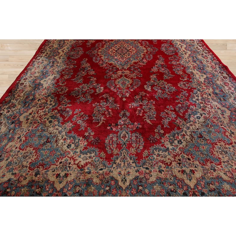 12'6''x18 Hand Knotted Wool Red Plush Pile Kerman Traditional Rug - 12' 6'' x 18'