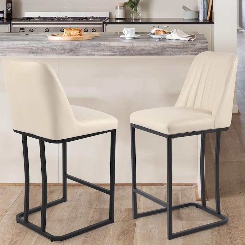 24 Inches Industrial Faux Leather Counter Height Bar Stools with Metal Frame Set of 2 - Beige-2-Pieces