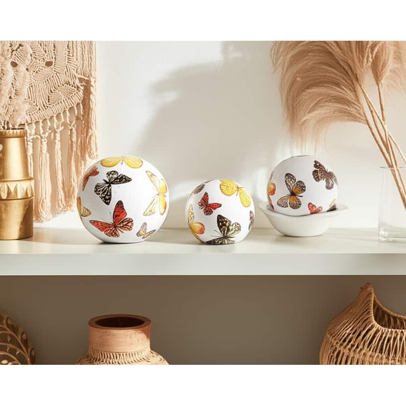 Ceramic Decorative Orbs Butterfly Print Design Home Decor (Set of 3) - 6" x 6" x 6"