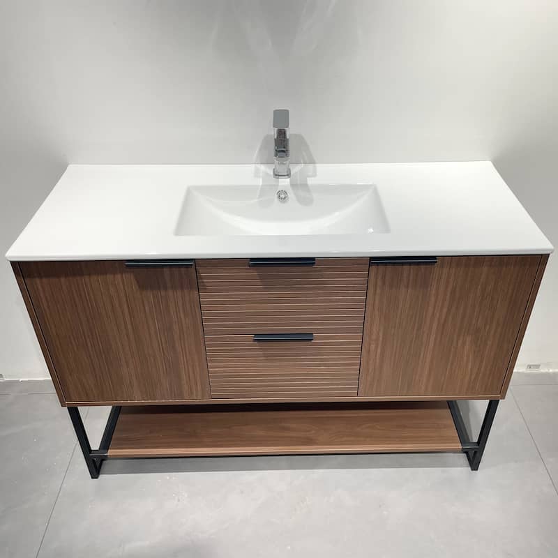 47'' Single Bathroom Vanities with White Stone Top, Brown Solid Wood