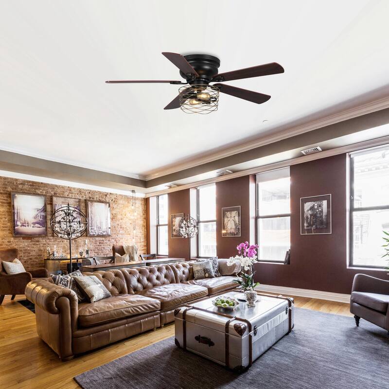 48" Industrial Wood 5-Blade Flush Mount Ceiling Fan with Remote