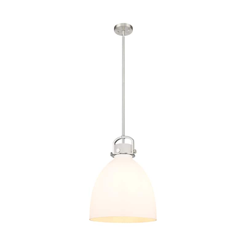 Innovations Lighting Newton Bell - 1 Light 14" Stem Hung Pendant - Satin Nickel/Matte White