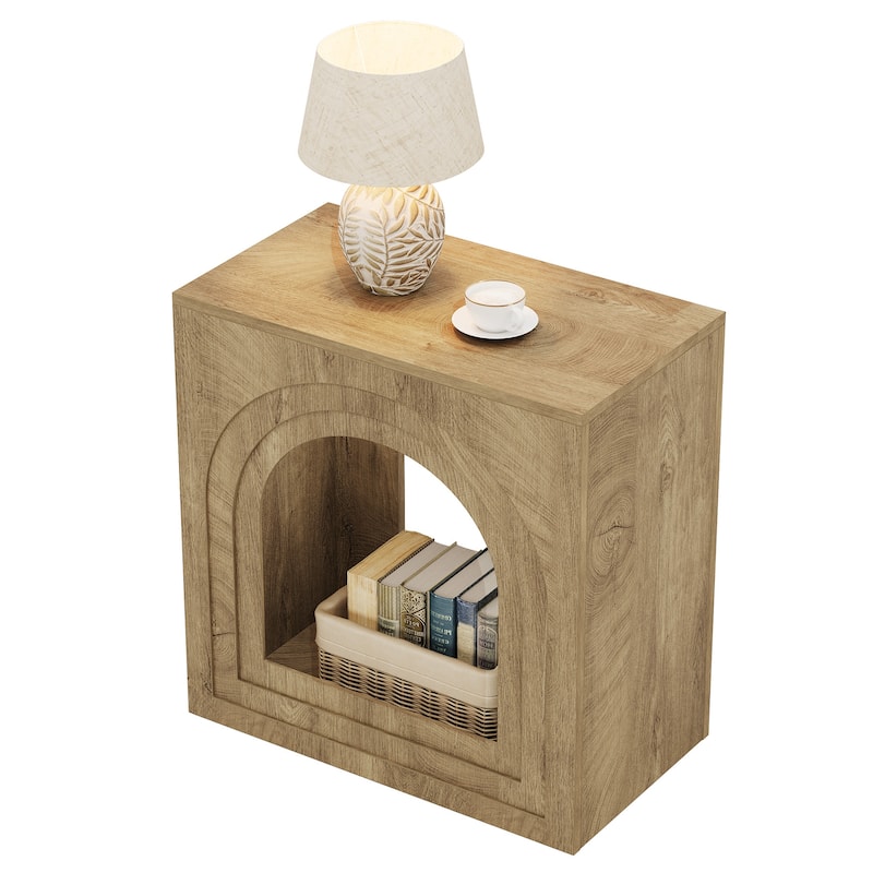 Square End Table, 2-Tier Accent Side Table with Open Shelf, Arched Nightstand for Living Room, Bedroom