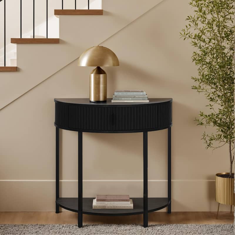 Half Moon Console Table with Drawer Storage, Narrow Entryway Table with Hidden Cabinet and Shelf for Living Room Hallway