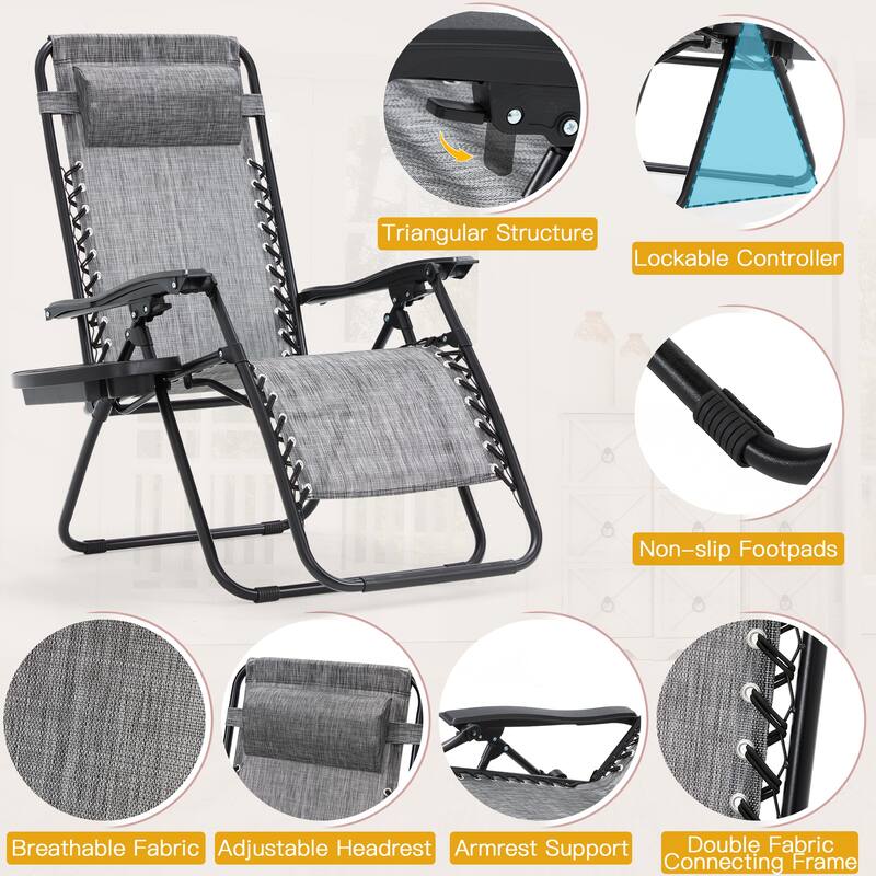 Zero Gravity Lounge Chair Set of 2 – Outdoor Folding Recliners with Cup Holder, Adjustable Headrest, Weather-Resistant Fabric
