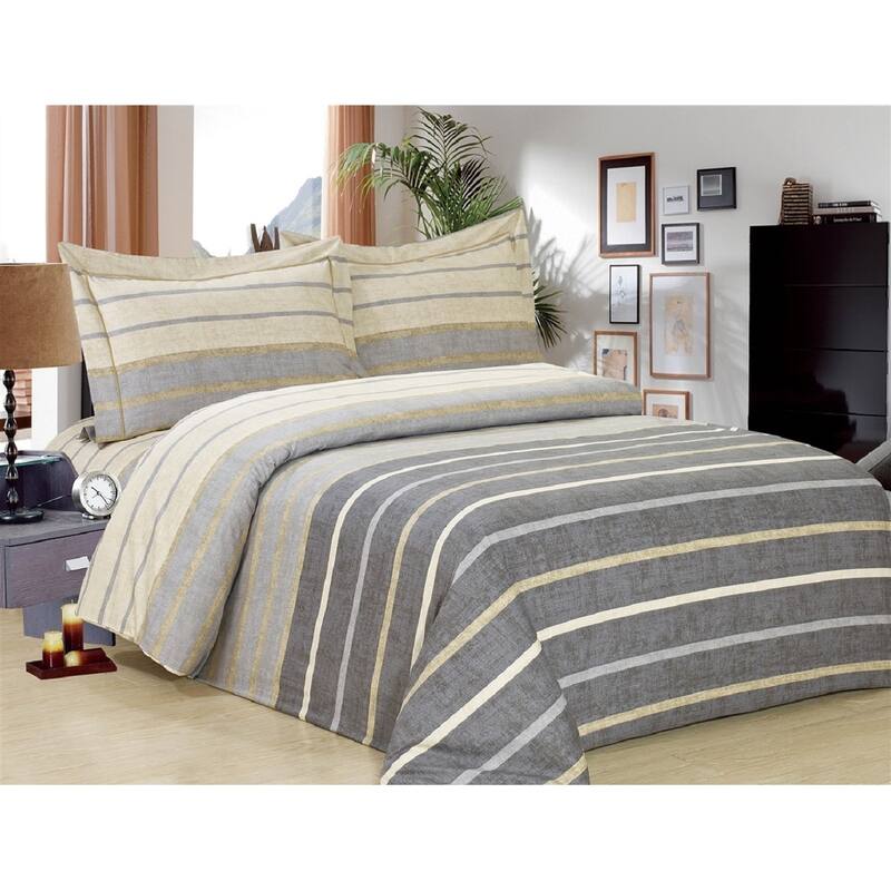 Violet Linen French Grey Stripe Pattern, Luxury 200 Thread Count Cotton Percale, Grey, 6 Piece, Bedding Duvet Cover Set - Twin