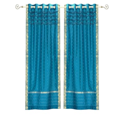 Turquoise Hand Crafted Grommet Top Sheer Sari Curtain Panel -Piece