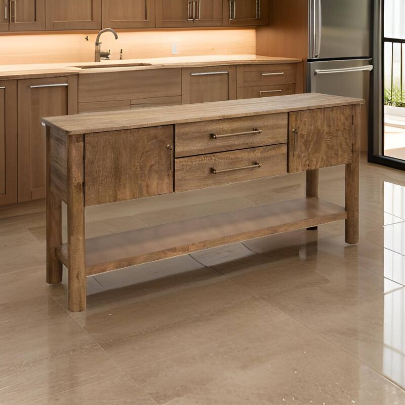 Olum 60 Inch Sofa Table, 2 Drawers, Lower Shelf, Solid Mango Wood, Brown