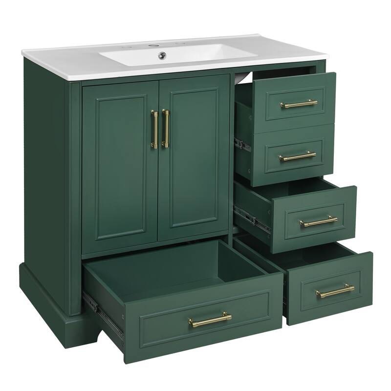 36" Traditional Bathroom Vanity with Ceramics Sink, Bathroom Cabinet with Two Soft Close Doors and Four Drawers