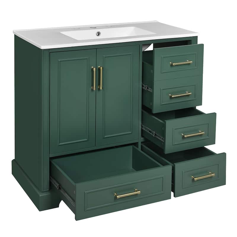 36" Traditional Bathroom Vanity with Ceramics Sink , Green Bathroom Cabinet with Two Soft Close Doors and Four Drawers