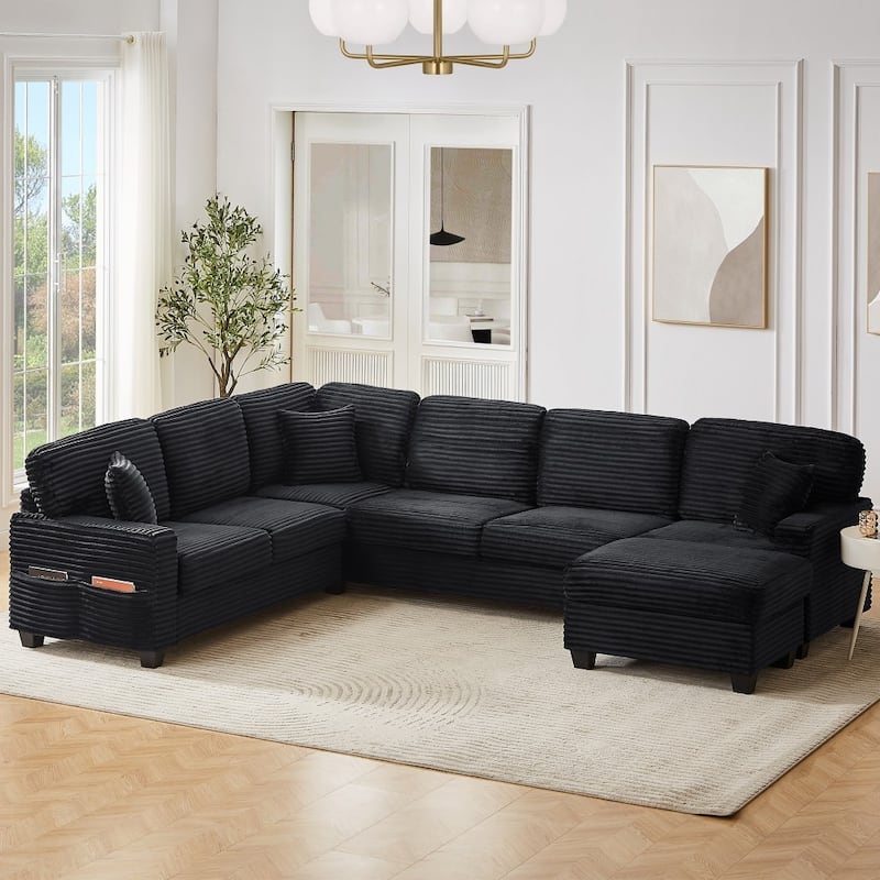 125.2" Modern Corduroy Upholstered U-shaped Sectional Sofa with Movable Ottoman and Side Storage Pockets