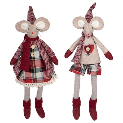 Set of 2 Boy and Girl Sitting Plush Christmas Mice Figures 16"
