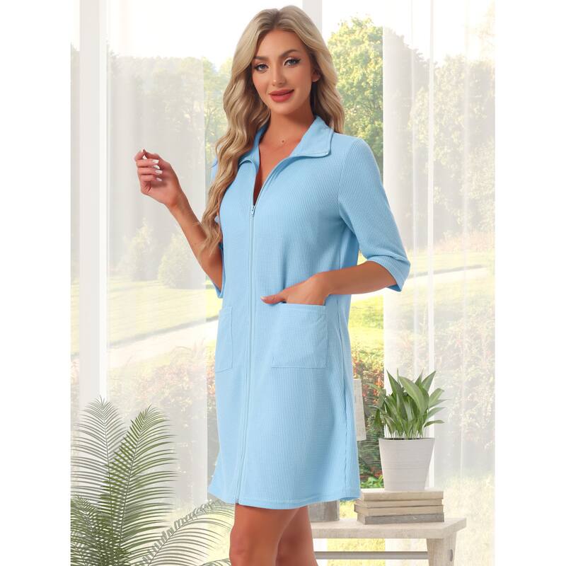 Women's Zip Up Robes 3/4 Sleeves Waffle Bathrobe Sleepwear with Pockets