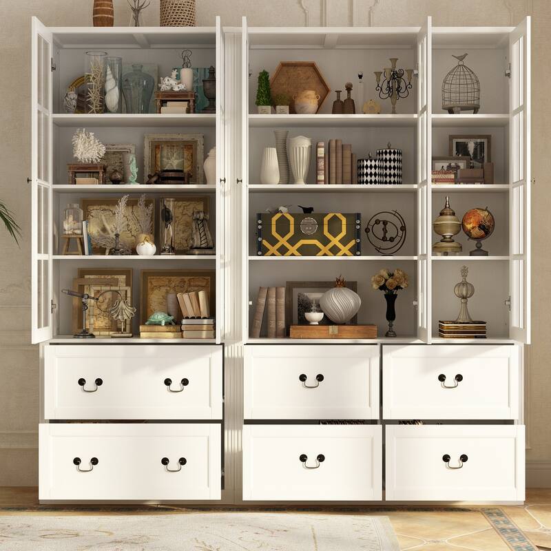 78.7" Combo Buffet Bookcase Storage Cabinet Glass Bookshelf Display