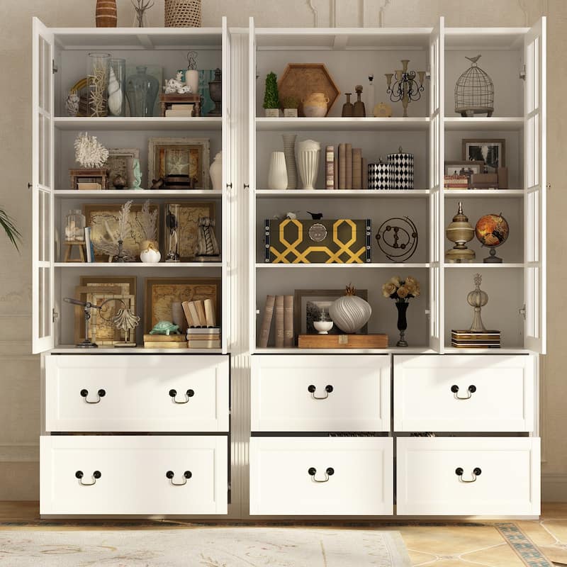China Cabinet Tempered Glass Doors Storage Cabinet White Tall Bookcase
