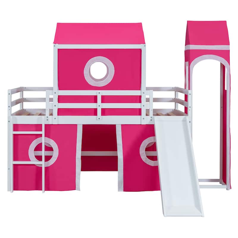 Pink Twin Size Solid Wood Loft House Bed with Slide and Ladder