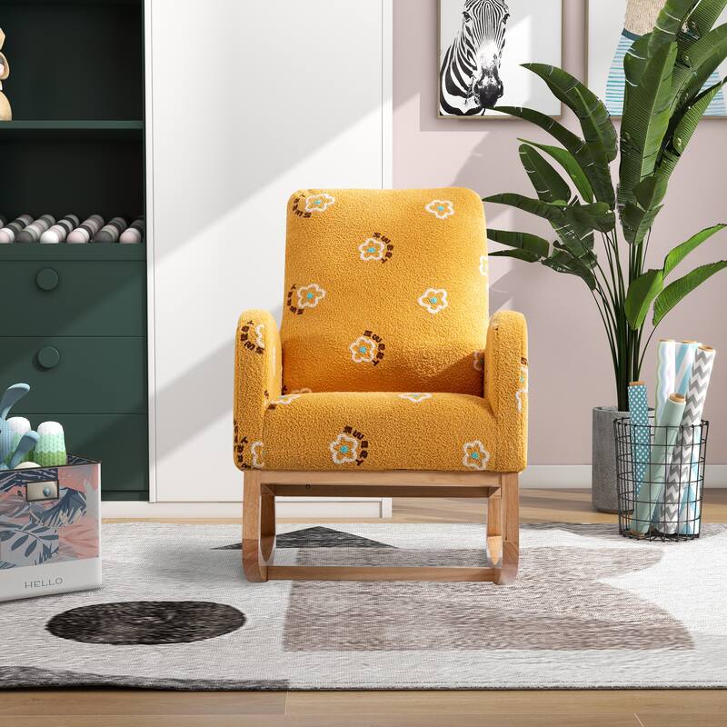 Upholstered High Back Wooden Rocking Chair Mid Century Rocker Armchair with Side Pocket for Bedroom Mustard - Mustard