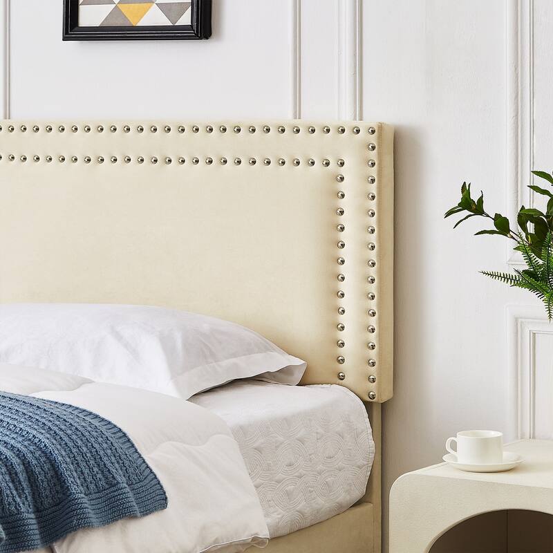 Upholstered Platform Bed Frame with Adjustable Headboard, Velvet Nailhead Trim, No Box Spring Needed