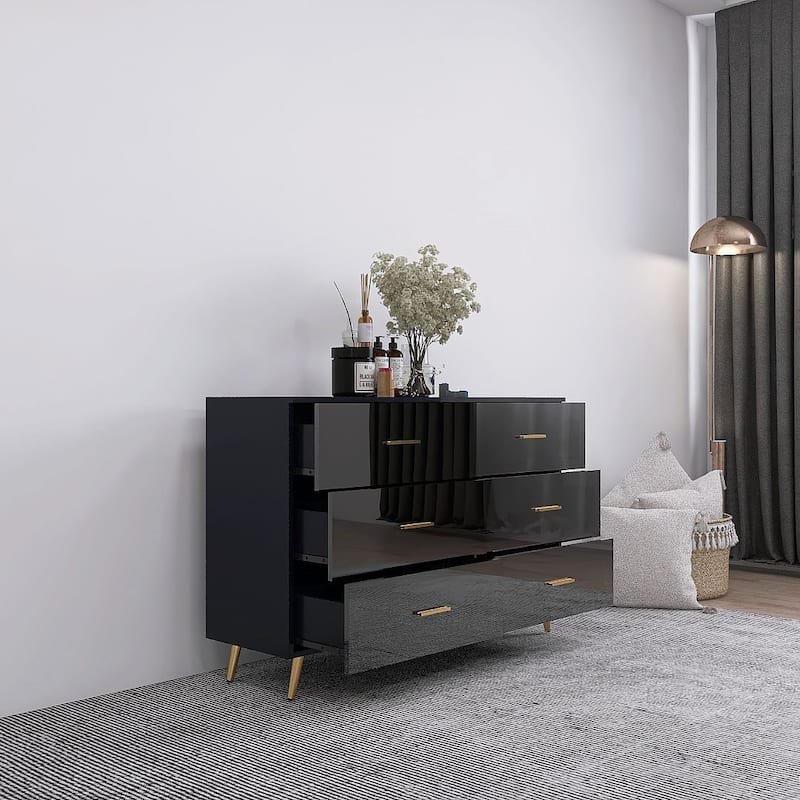 Modern Dresser Chest With 6 Drawers and Golden Handle，High Glossy Surface