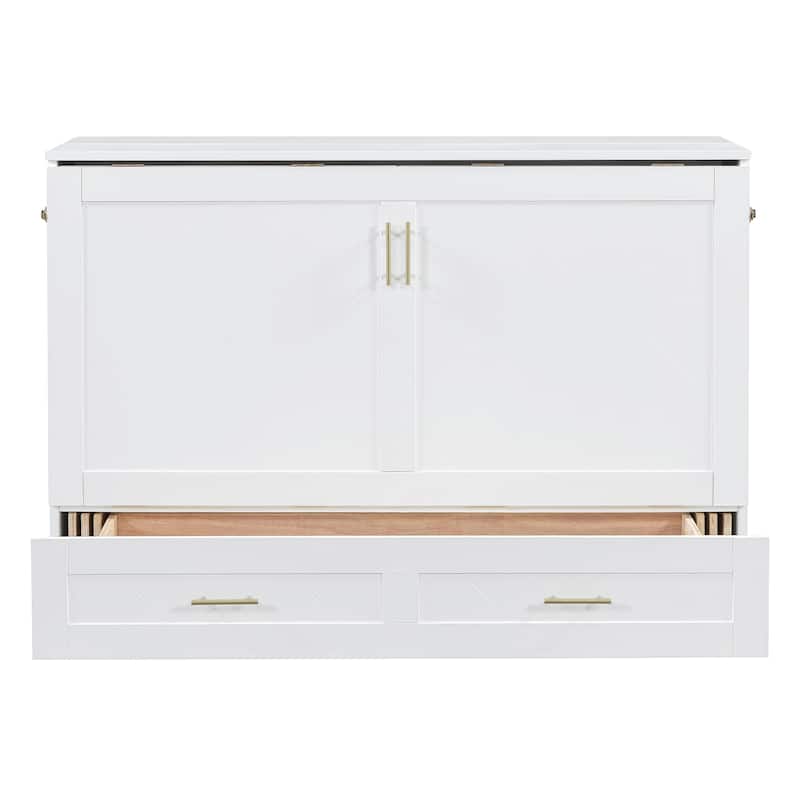 Queen Size Murphy Bed with Pulley System, Storage Drawer, USB Ports, and Sockets, Space-Saving