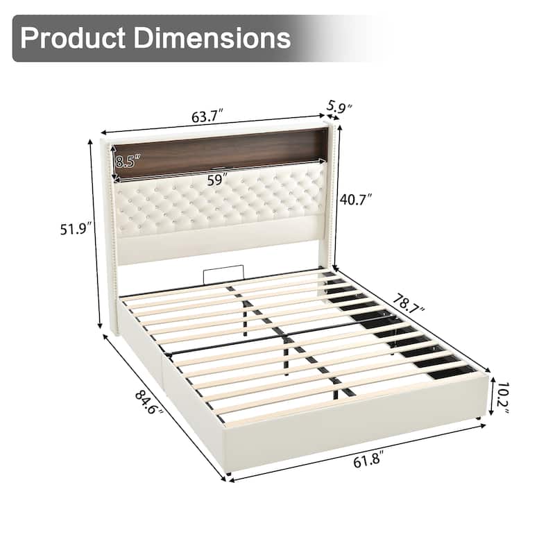 Queen Velvet Tufted Bed Frame with USB Port Night Light and Headboard Shelf