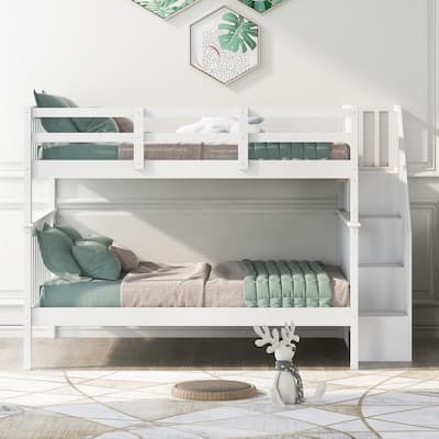 Stairway Full Over Full Bunk Bed with Open Storage and Guard Rail
