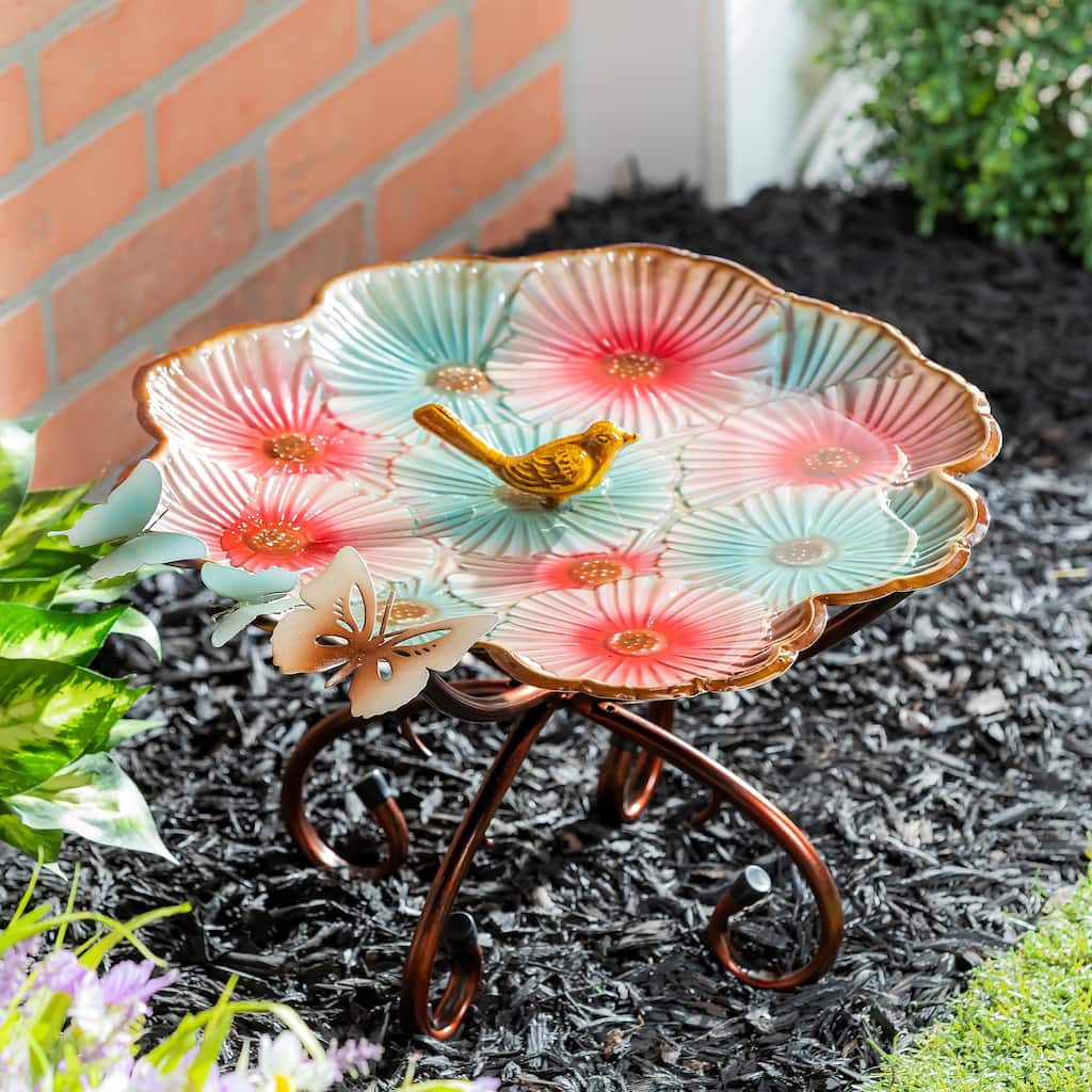 17" Metal Sculpted Edge Bird Bath, Butterfly & Flowers