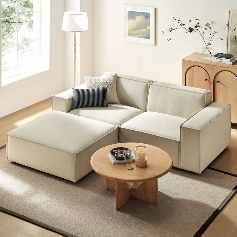 Restore 3-Piece Performance Fabric Upholstered Modular Loveseat with Ottoman - Ecru