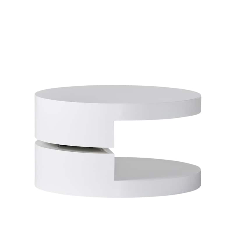 Coffee Table, Open Shelf, Rotating 24 Inch Modern Round White Top