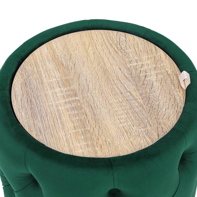 Adeco Round Storage Velvet Ottoman Removable Wooden Lid Coffee Table