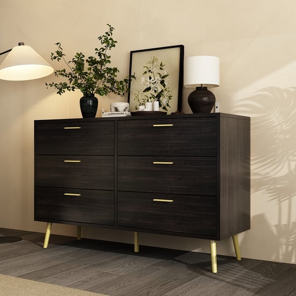 slide 2 of 30, Modern 6-Drawer Dresser with Gold Legs and Handles, 47.2" Wide Mid-Century Bedroom Dresser Chest Dark Brown