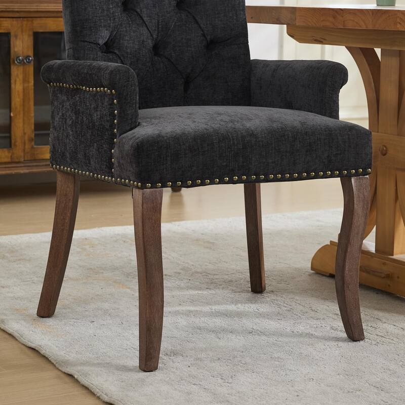 Upholstered Chenille Dining Chairs, Tufted Accent Armchairs with Curved Solid Wood Legs, Dining Room Arm Chair