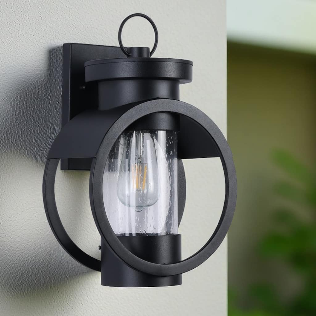 6.7 in. 1-Light Frosted Black Classic Outdoor Wall Light Lantern Sconce with Clear Glass Shade for Porche, Doorway