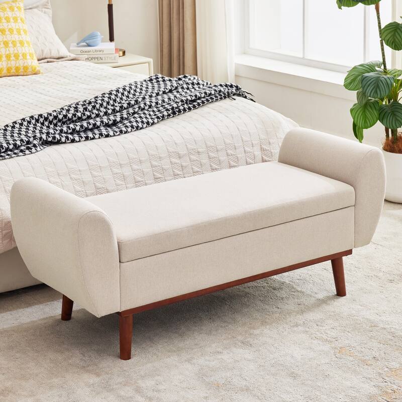 Linen Fabric Storage Ottoman Bench with Hidden Compartment and Rubberwood Legs - Beige