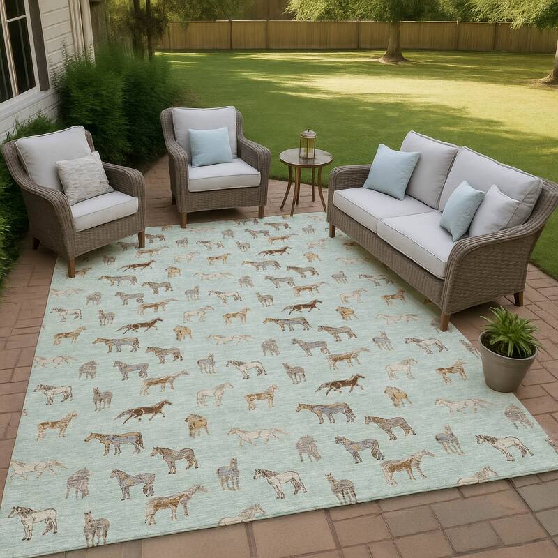 Machine Washable Indoor/ Outdoor Horses Chantille Rug - Mint - 8' x 10'