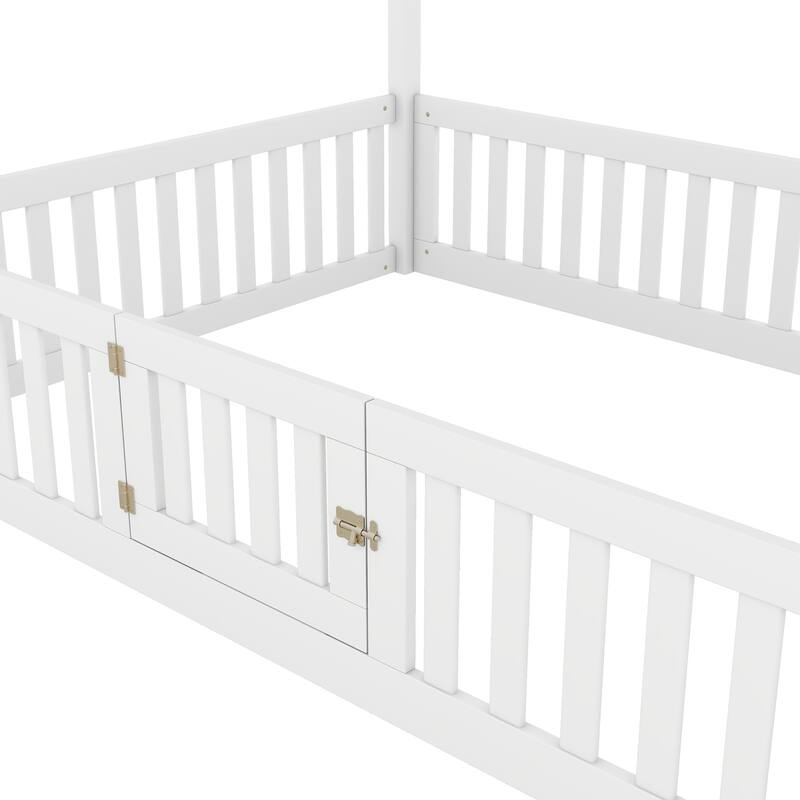 Full Size White Wood House Bed with Fence and Door for Kids